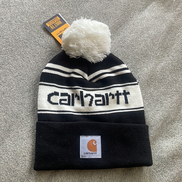 - ❤️ - RARE CARHARTT POM BLACK & WHITE COLOR BEANIE HAT - Picture 1 of 5